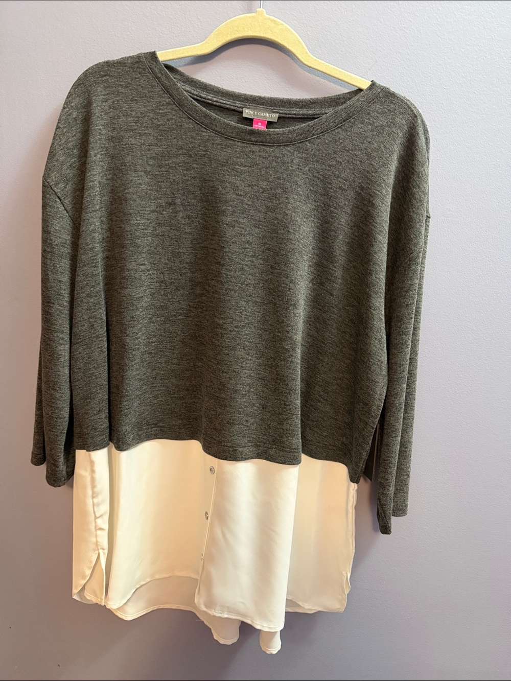 Vince Camuto Gray Knit Top with Cream Shirt-Hem Layer